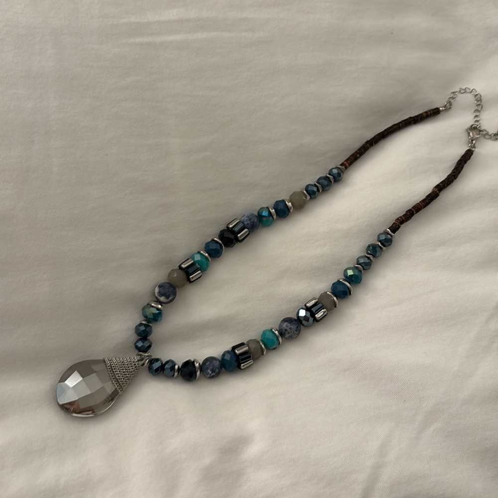 Blue and gray beaded necklaces with crystal and gray wrapped chain